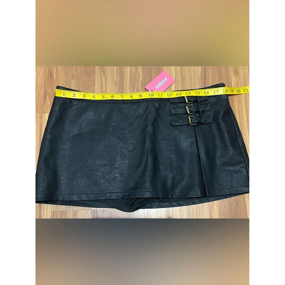 Edikted Triple Belt Faux Leather Mini Skort - Black - Size XL Moto Y2K